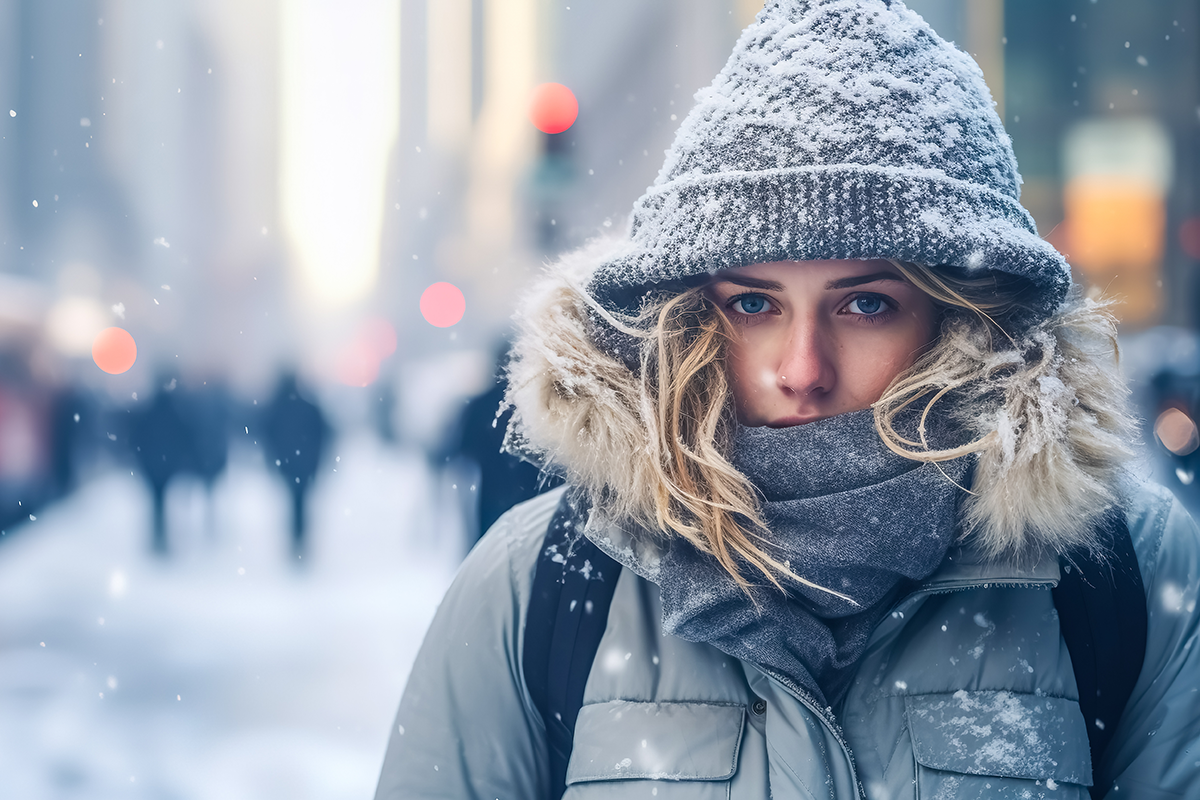 Bundled up against a winter chill, a person faces the snowy cityscape